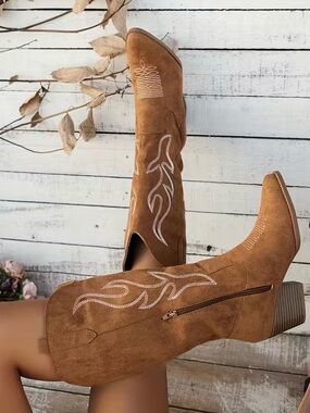 J. ADAMS Women's Roundup Faux Suede Embroidered Mid Calf Boot In Light Brown